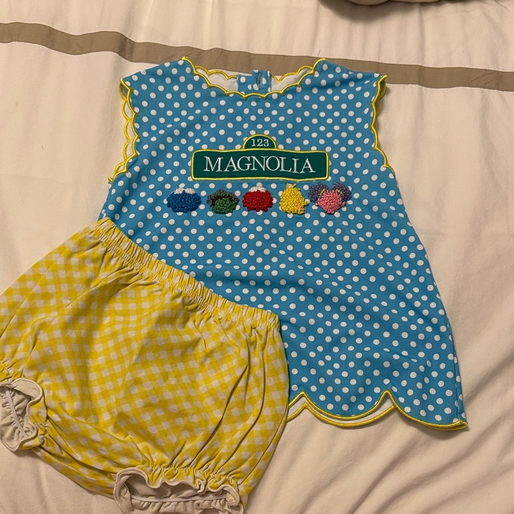 Magnolia Sesame Street French knot Blue and Yellow Kids Matching Set w/ bloomers